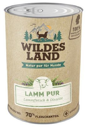 Wildes Land - Lamm PUR - 6 x 400 g - Mit Distelöl und Wildkräutern - Nassfutter für Hunde - Hoher Fleischanteil - Hohe Akzeptanz - Getreidefreies Hundefutter