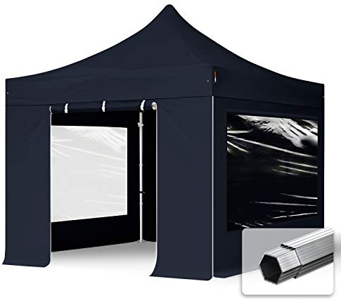 TOOLPORT Faltzelt Professional 3x3 m Faltpavillon mit Seitenteilen (Panoramafenster) ALU Pavillon Partyzelt schwer entflammbar schwarz