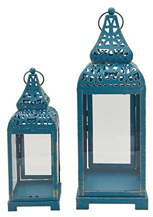 Rebecca Mobili Ethnische dekorative Kerzenhalter Laternen, Metall PVC, Blaugold, Für Veranstaltungen Hochzeiten Einrichtungsgegenstände - Maße: 39 x 14,5 x 14,5 cm - Art.-Nr. RE6549