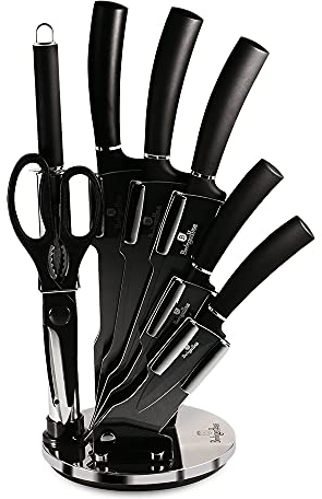 Berlinger Haus, Set de Couteaux de Cuisine Haut de Gamme, 8 Pièces Ensemble avec un support en acrylique, couleur Black, en acier inoxydable avec revêtement noir antiadhésif, Collection Black Silver