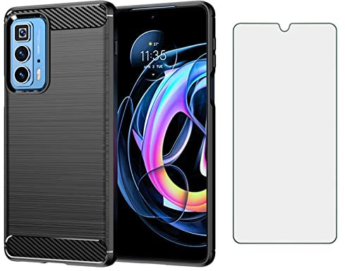 Asuwish Phone Case for Motorola Moto Edge 20 Pro 5G and Tempered Glass Screen Protector with Cell Accessories Shockproof Soft Slim Silicone Thin Carbon Fiber Edge20Pro XT2153-1 Women Men Black