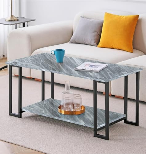 Hallowood Furniture Kempley Marble Effect Top Grey Coffee Table with Black Metal Legs and Lower Shelf for Magazines, Books & Decor, Rectangular Centre Table Living Room Furniture