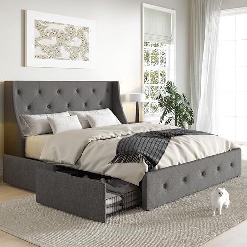 SHA CERLIN Upholstered Full Size Platform Bed Frame with 4 Storage Drawers and Wingback Headboard, Diamond Stitched Button Tufted Design, No Box Spring Needed, Light Grey