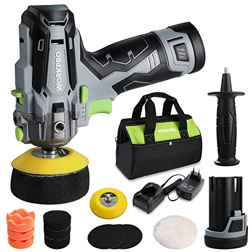 WORKPRO Mini Polisseuse sans Fil 12V φ75mm, Kit Polisseuse Voiture avec 2 Batteries 2,0Ah, 7500 tr/min, Charge Rapide en 1 Heure, avec Sac à Outils et 12 Accessoires pour Voiture, Meuble, Marbre, Bain