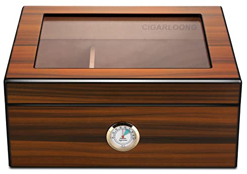CIGARLOONG Humidor 45-56 Aufbewahrungsbox für den Schreibtisch, aus Zedernholz, mit Trennwand, Luftbefeuchter und Hygrometer, Braun
