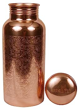 BUYERWELL Pure Copper Embossed Water Bottle 17 Oz with Lid Ayurvedic Water Bottle Copper Water Vessel Small Leak Proof Seamless Finish