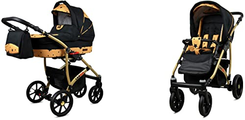 BabyLux Largo 2-in-1 Baby Kinderwagen Tief und Kinderwagen mit Zubehör Verstellbar und faltbar Aluminiumkonstruktion Wasserdicht Nicht abnehmbare Räder Gold Wings Gold Frame