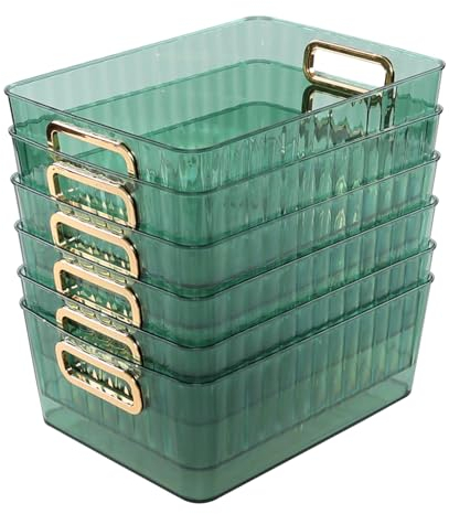 Sosody Green Plastic Storage Baskets with Handle, Cupboard Storage Boxes, 6-Pack