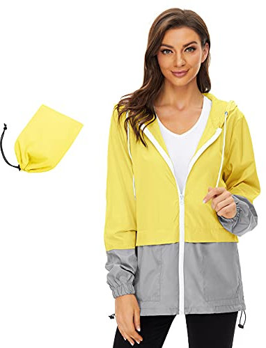 Durio Veste de pluie légère pour femme - Imperméable - Respirante - Pliable - Coupe-vent - Avec capuche - Veste softshell - Veste de cyclisme, jaune, XL