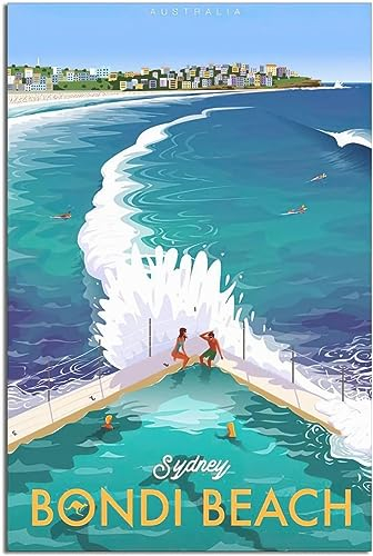 WEYUE Leinwand-Poster Bondi Beach, Australien, Sydney, Vintage-Reiseposter, Malerei, Heimdekoration, Poster auf der Wanddekoration Ungerahmt 40x60cm
