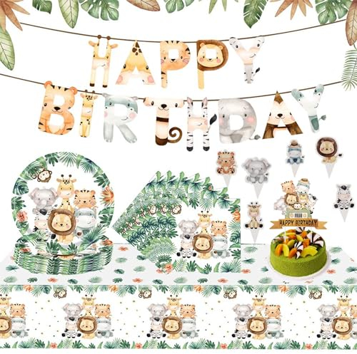 MHMondawn Dschungel Safari Partygeschirr Set Einweggeschirr 88 Stück Papier Teller Servietten Torte Fahnen Dschungel Tischdecke Sicherheitsmaterial Babyparty Deko Junge Geburtstagsfeier Weihnachten