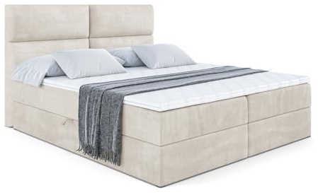 ALTDECOR Boxspringbett mit Matratze und Lattenrost, Boxbett, Topper, Polsterbett mit Bettkasten, Bett mit Stauraum H3-Matratze, Doppelbett, Springboxbett - BOXI3-180x200 Beige Samt