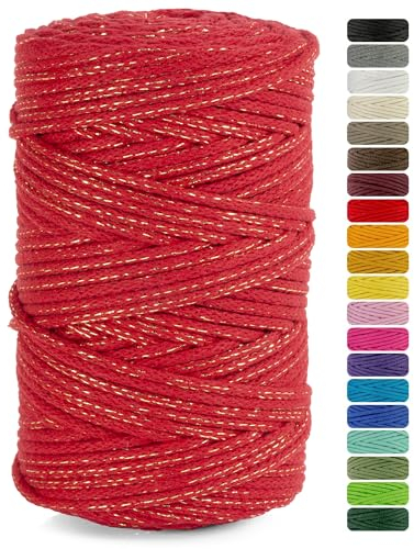 Netuno 1x Makramee Garn rot mit goldenem Metallfaden 5 mm 100 m Baumwollkordel Textilgarn Kordelband Naturgarn Naturbaumwolle Garn für Makramee Baumwollgarn Weihnachten Kordel Geschenkband Macrame