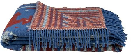 ÖJBRO VANTFABRIK Scania Märta gewebte Wolldecke mit Fransen 130x200 cm blau/rot 100% Schafwolle Strick-PlaidTagesdecke Quilt warm weich - Hergestellt in Schweden