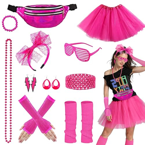 Riiosyu Déguisement Année 80 Accessoire Femme, 11 PCS Annees 80 Costume Vetement Fête Rétro Néon avec Sac Banane Lunettes Bandeau Colliers Bracelets pour Enfant Fête Néon Soiree Fluo Soirée Carnaval