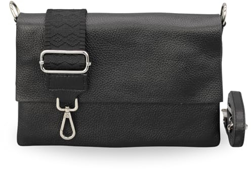 BRISE Umhängetasche Damen Echtes Leder ELISA Handgemachte Handtasche Kleine Schlanke Tasche 3 Fächer Crossbody Bag mit Ledergurt + Optionalen Breiten Gemusterten Riemen Made in Italy (Schwarz-5)