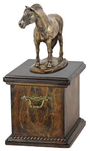 Art-Dog Handgefertigte Urne für Pferdeasche - Kaltgegossene Bronzestatue - Individuelle Einäscherungsbox - Hölzerne Gedenkurne - 46,5x29x21cm - Fjordpferd