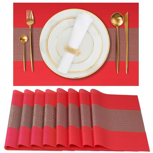 Gucass 8er Set Tischsets Abwaschbar, PVC Platzsets Abwischbar Platzdeckchen, Placemats Abgrifffeste Hitzebeständig rutschfest, Tischmatten für Küche Restaurant Speisetisch, 45x30cm(Rot)