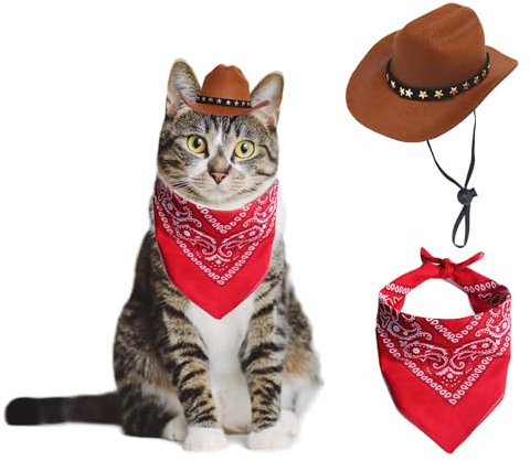 AWOCAN Cowboyhut für Hunde und Katzen, mit Bandana-Schal, Mini-Haustierkostüm für Halloween, Urlaub, Party-Dekoration (Braun, klein)