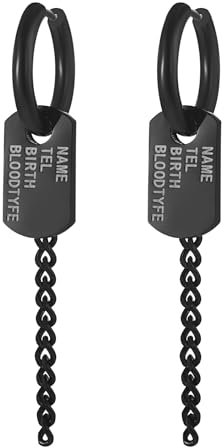 JewelryWe Ohrringe Creolen für Herren Damen: Schwarz Edelstahl Kleine Creolen Huggie Ohrringe Ohrstecker Ohrhänger mit Baumelnde Kette und Rechteck Tag mit Gravur NAME TEL BIRTH BLOODTYFE