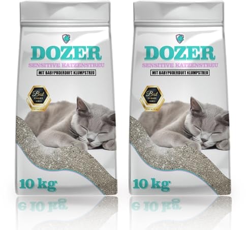 20kg Dozer Katzenstreu Sensitive mit Babypuderduft Klumpstreu Premium 26L | Katzenstreu mit Babypuder-Duft - Feine Klumpstreu aus Bentonit 2 x 10 kg 26 Liter