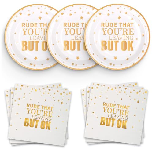 Pandecor 20 Pieces 7 inches Disposable Paper Plates and Napkins Set Rude That You are Leaving But OK Plates and Napkins for Going Away Job Change Office Retirement Farewell Party Decorations