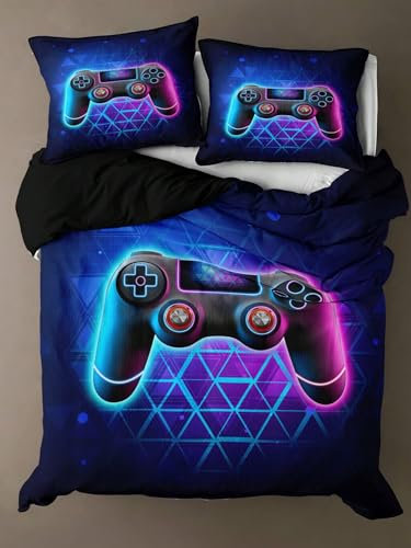 Bettbezug Set 135x200cm Gamepad Bettwäsche Set 3D-Neon-Gamecontroller Kinder 3 Teilig Mikrofaser 3D Motiv Luxus Modern Bettdeckenbezug Mit Reißverschluss und 2 Kissenbezug 80x80cm