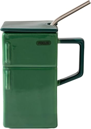 Lustige Tasse Gefriertruhe Kaffeetasse, 550 ml Keramik Teetasse, Keramik Kaffeebecher mit Deckel und Strohhalm, Tolle Geschenke für Freund und Kollegen (Grün)