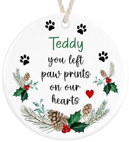 Personalised Pet Dog Cat Memorial Christmas Tree Decoration Bauble Ceramic Ornament Hanging (You left paw prints)