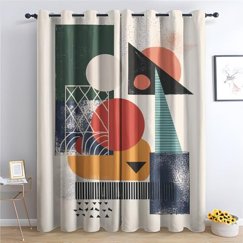 Rideau Fenetre Géométrie Rideaux Occultants Triangle Rétro Rideau Polyester 168x138 cm Lot De 2, Draperies pour Chambre Salon Maison Décoration