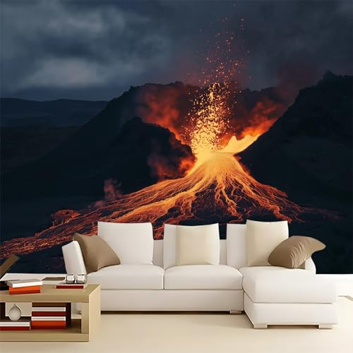 Fototapete Vulkanischer Lavastein Drucken Wohnzimmer Schlafzimmer Wandtapete Vlies Tapete 200x140 cm, Gedrucktes Wandbild UV-Beständig Geruchsfrei Schwarz Und Gelb Wand Dekoration