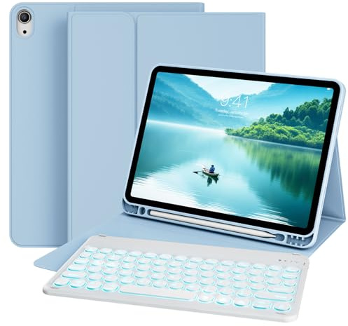 GKABXY Case with Keyboard for iPad Air 11 inch (M2/M3/M4) 2024/2025/2026, iPad Air 5th/4th Generation 10.9 inch With Pencil Holder, 7 Colors Backlit Detachable Bluetooth Keyboard case, Sky blue