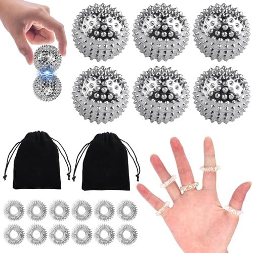 LiuHancsqd Massageball-Set: Magnetische Igelbälle & Akupressurringe, Massagegerät für Fingermassage, Stress Relief, Silber, Schwarz