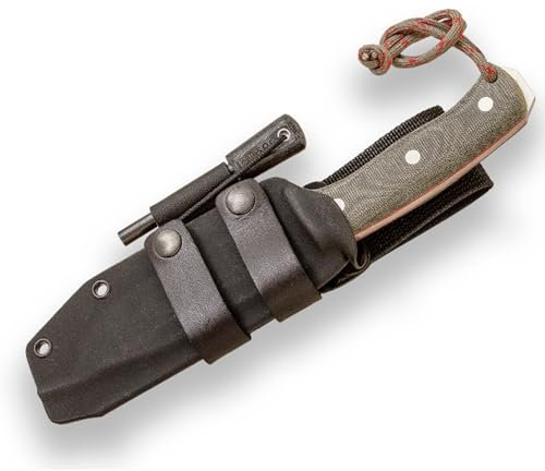 Joker Cuchillo de Supervivencia deportivo Nomad CV125-F, Cuchillos de Monte, hoja de 12,7 cm, mango Micarta Canvas verde, funda de kydex con pedernal, Herramienta de pesca, caza, camping y senderismo