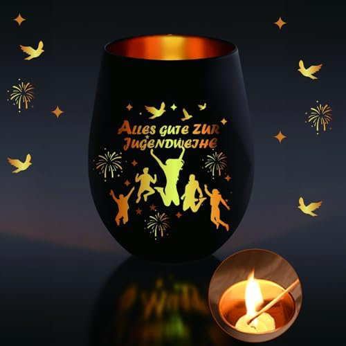 Geschenk zur Jugendweih, Windlicht mit Gravur Jugendweihe Deko, Alles Gute zur Jugendweihe, Schwarz Gold Teelichthalter Geschenke für Junge und Mädchen, Geeignet für Teelichter Kerzen