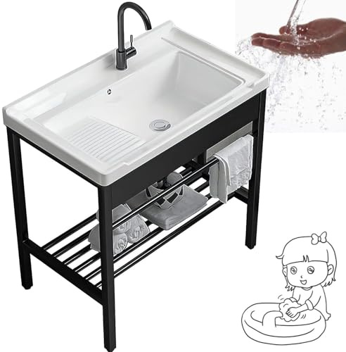 ylpddmm Outdoor-Küchenspüle,Waschbecken, Waschtrog, Keramikwaschbecken, freistehender Waschtisch, Keramik-Spülbecken mit Waschbrett-Set mit Halterung und Ablauf-Set für Waschküche,80cm/31.5''