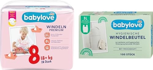 Windeln Premium Gr. 8 Babylove 18+ kg 28 St + Windelbeutel mit Frischeduft Babylove 100 St. + Purlife Sticker