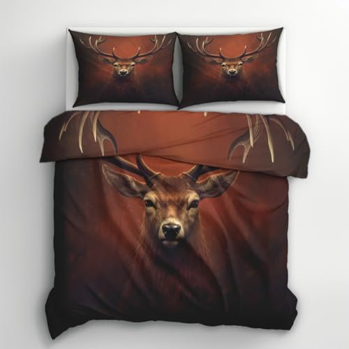 Generisch Bettwäsche Hirsch 200x200, Hirschen Jagd Wild Tier Motiv Wendebettwäsche & Deko, Weiche Microfaser Bettbezug mit Reißverschluss und 2 Kissenbezüge 80x80, 3tlg - ASD2046