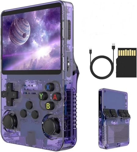 R36S Consola con + 20.000 Juegos Portátil de Mano con Tarjeta 64GB, Pantalla IPS 3.5, Videoconsola Gaming, 20000 Videojuegos Retro - Regalo Cumpleaños, Comunión, Fin Curso, Niño, niña - Color Morado