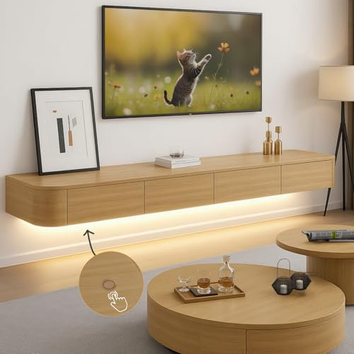 Ribanedy Modern Floating TV Unit with LED Lighting | Wall-Mounted Entertainment Media Console | Large Storage TV Bench for Living Room & Office (Wood, 55.1'')