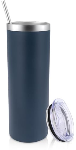 Volhoply 600ml (20oz) Skinny Tumbler with Lid and Straw, Stainless Steel Straight Tumblers Cup, Vacuum Insulated Coffee Mug for Home, Office, Travel, DIY (Navy,1 Pack)