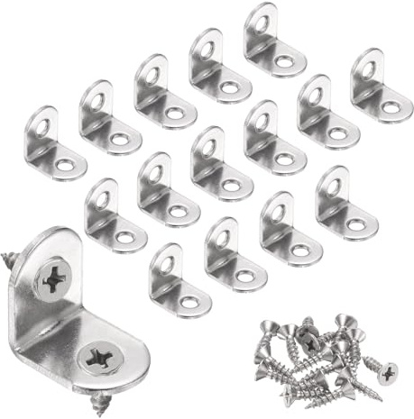 sourcing map 20 Stück L-förmige Eckwinkel, 2 x 2 x 1,5 cm, Edelstahl, 90 Grad Winkelstrebe, Gelenk, rechte Eckbefestigung mit 40 Schrauben für Regale, Schrank, Stuhl, Schublade, Silber