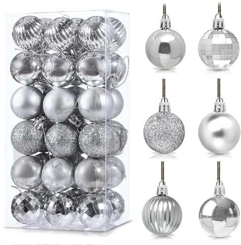 36Pcs Silvery Baubles for Christmas Tree,3cm Mini Shatterproof Plastic Christmas Balls Ornaments with Strings,6 Design Xmas Baubles Hanging Balls for Xmas New Yew Wedding Holiday Party Decor