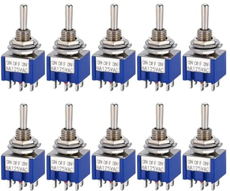 Hailege 10 piezas SPDT MTS-203 Interruptor de palanca ON/OFF/ON, 6 pines, 2 posiciones, AC 125V/6A, interruptor de palanca MTS203