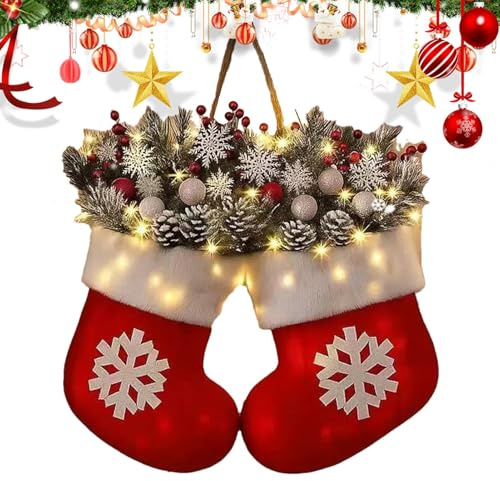 Guirnalda artificial para puerta delantera, corona de manoplas de Navidad parpadeantes con ramas de pino sintético, bayas rojas y piñas esmeriladas, decoraciones navideñas para interiores y exteriores