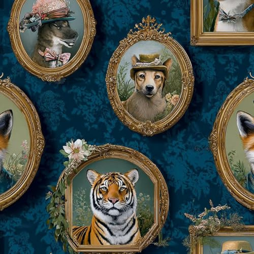 DERUINVAIO Self Adhesive Peel and Stick Wallpaper 58x300cm Vintage Animal Portraits Ornate Frames Blue Floral Wall Paper Roll Waterproof Removable Contact Paper Vinyl Wrap for Furniture Living Room