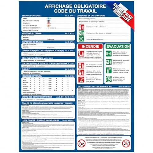 Panneau Code du Travail 2026 – Affichage Obligatoire Entreprise – PVC Rigide 400x300mm avec Dos Auto-Adhésif – Résistant aux UV et à l’humidité – Conforme Droit du Travail