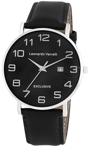 LEONARDO VERRELLI Herren Armbanduhr aus Kunstleder in Schwarz, in Einer Länge von 24 cm, Klassisches Design für jeden Mann