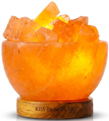 Kiss By Nature Premium Himalayan Salt Lamp Fire Bowl (3-4kg) with Dimmer Switch – Natural Pink Crystal Chunks, Warm Ambient Glow for Bedroom, Living Room & Relaxation, Luxury Gift Ready (Chunks)