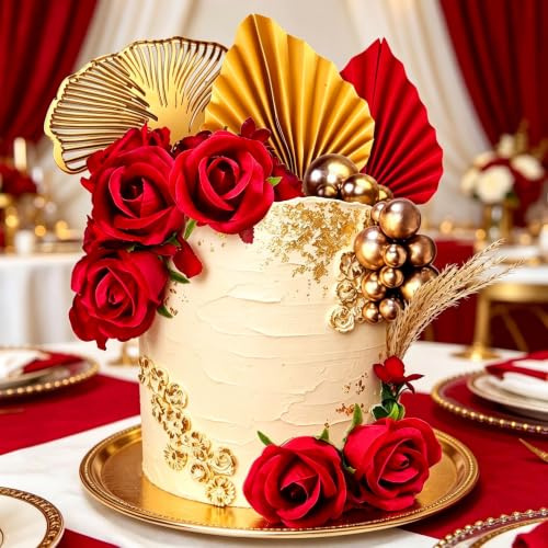 LaVenty Red Rose Gold Leaves Cake Decorations Lady in Red Queen Cake Topper | for Wedding Birthday Bridal Shower Engagement and Baby Shower